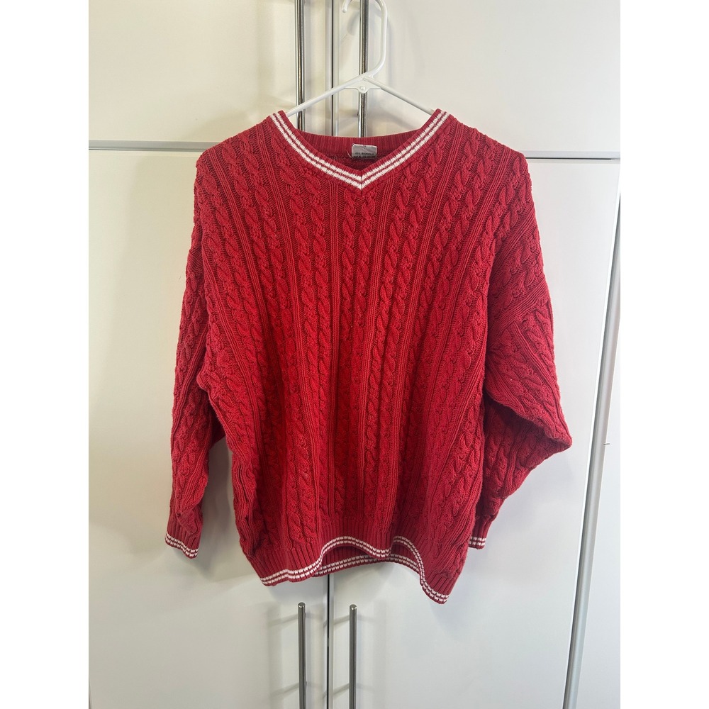 Funny Line Vintage Red Cable Knit V-Neck Sweater Striped Trim Cotton Mens 152